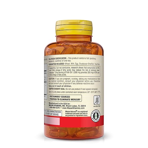 MASON NATURAL NO BURP FISH OIL 1000 MG OMEGA-3 300 MG, 100 SOFTGELS