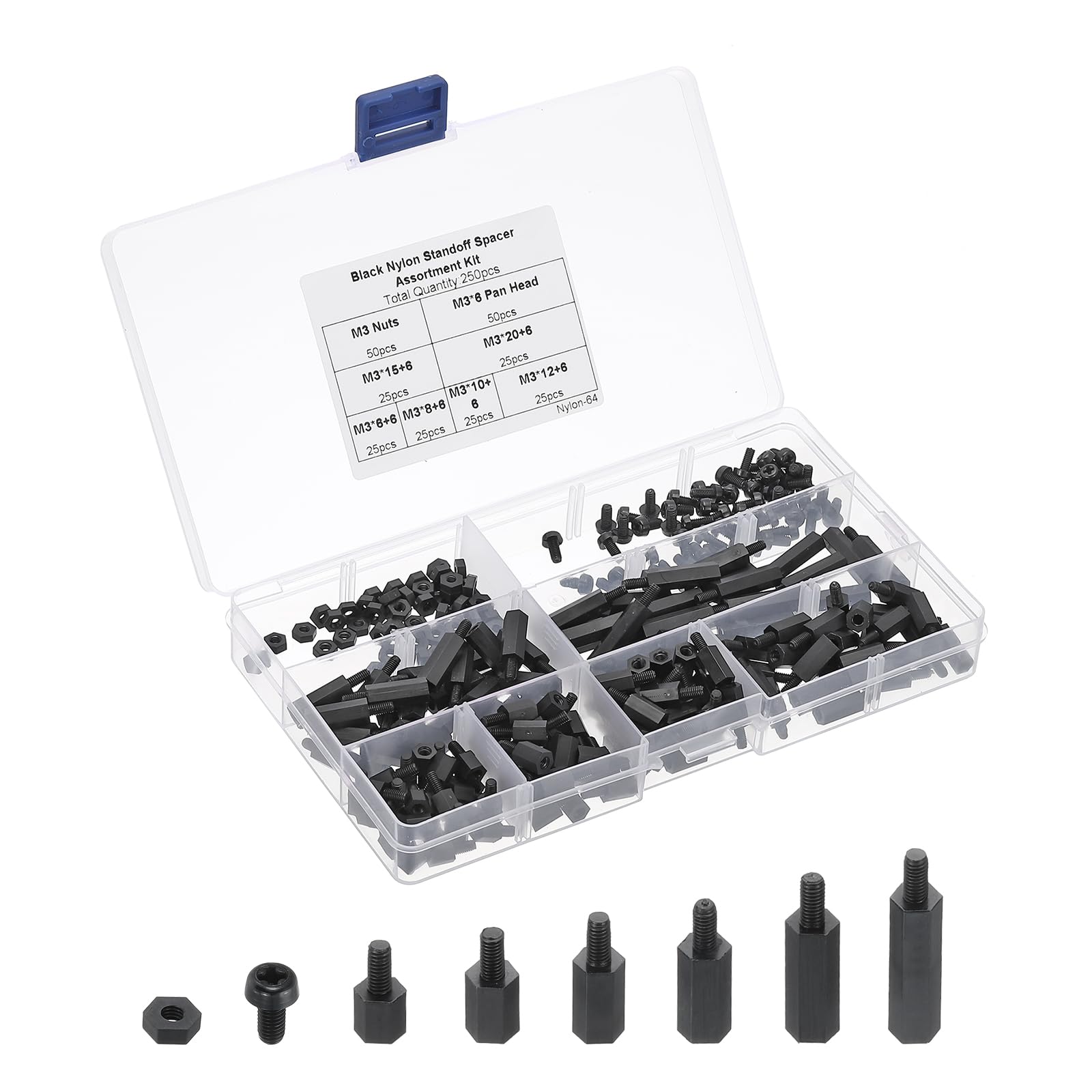 PATIKIL M3 Male Female Nylon Hex Spacer Standoff Kit, 250Pcs Motherboard Standoffs Assortment Kit, Screws Nuts for PCB Motherboard, Circuit Board, Black