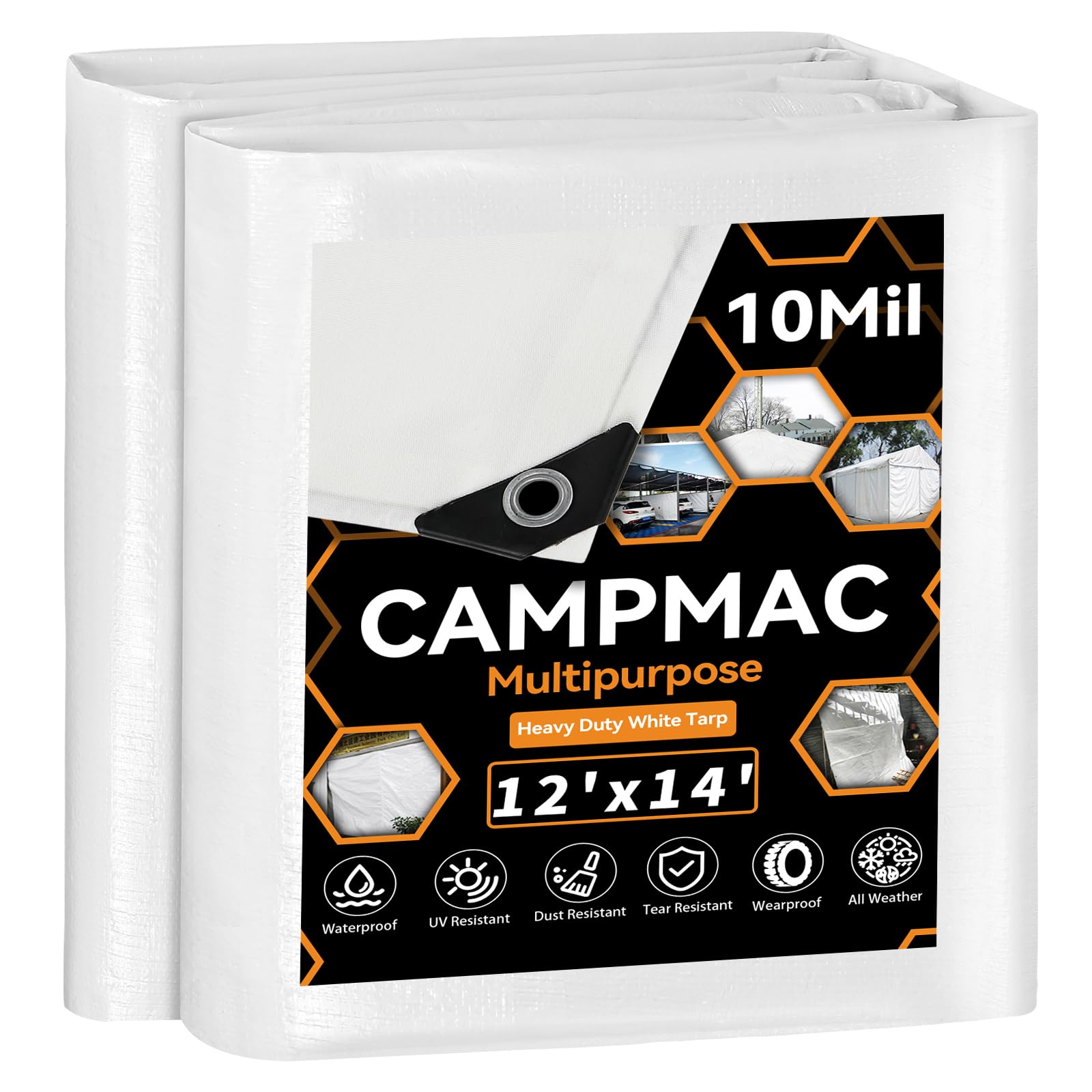 Photo 1 of CAMPMAC White Heavy Dut Waterproof Tarp 12' x 14', 10 Mil Thick, High Durability, Rip and Tear Resistant with Metal Grommets Every 20 Inches