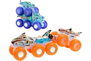 Hot Wheels Monster Trucks Multipack, 1:64 Scale Mega-Wrex & Tiger Shark Toy Trucks with Big Rigs in Matching Power Smashers Deco
