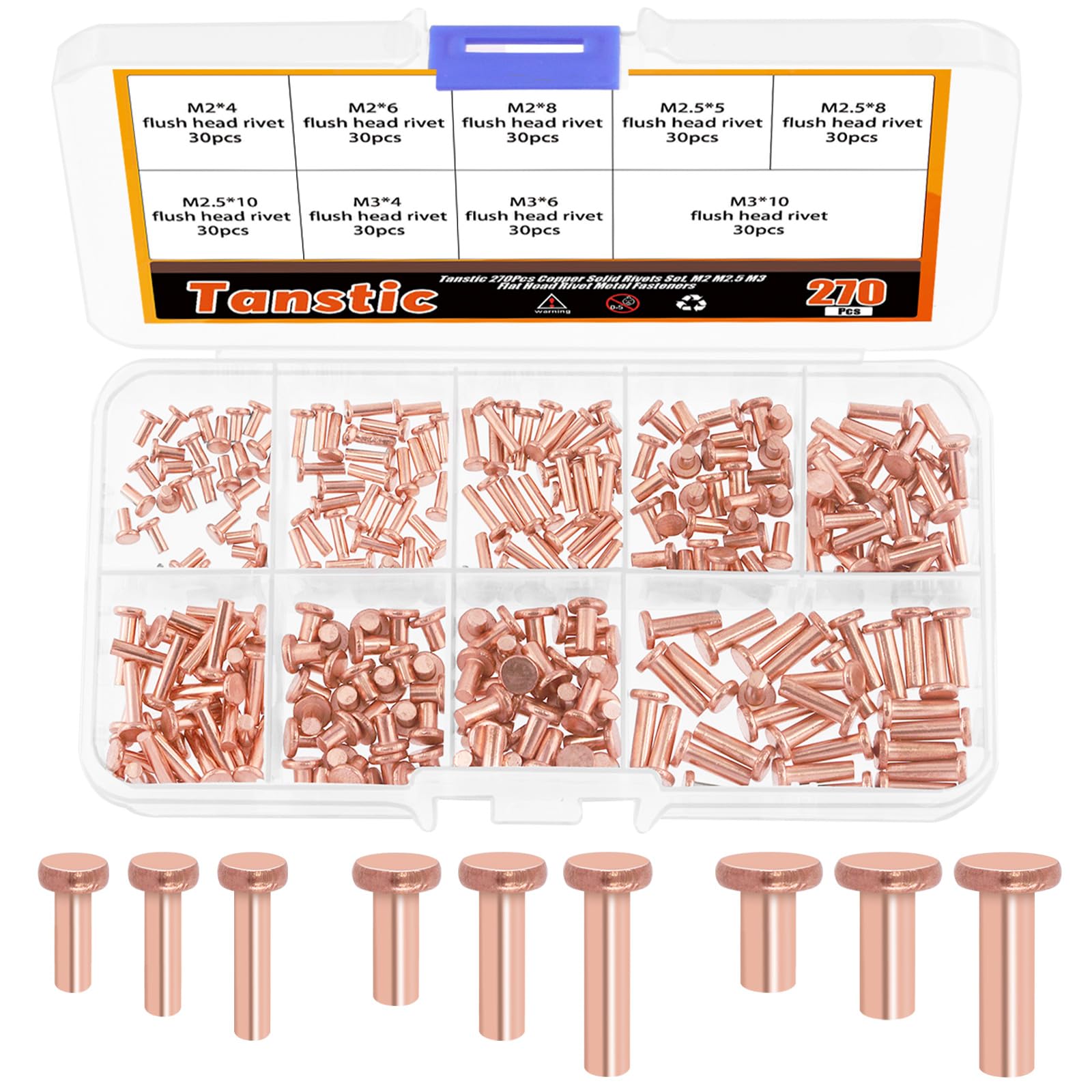 Tanstic 270Pcs Flat Head Copper Solid Rivets, M2x4/6/8, M2.5x5/8/10, M3x4/6/10 Solid Copper Rivets Fasteners for Electrical Applications Copper Finish Copper Tone