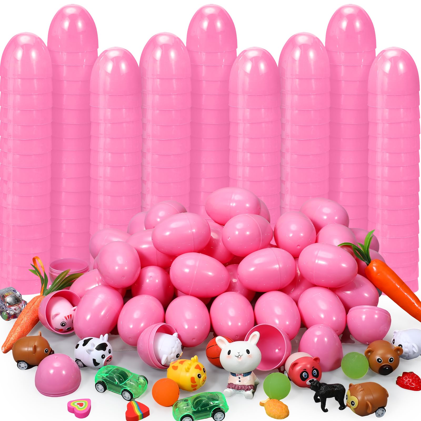 Photo 1 of Deekin 100 Pcs Plastic Easter Eggs Fillable Empty Colorful Bright Eggshells for Easter Hunt, Filling Treats, Party Favor, Basket Stuffers, Classroom Prize Supplies(Pink)