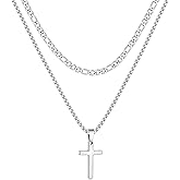 Fiusem 2 Pcs Cross Necklace Chain for Men and Women, Stainless Steel Layered Mens Cross Necklaces with Pendant, Figaro and Box Chain 16-24 Inch
