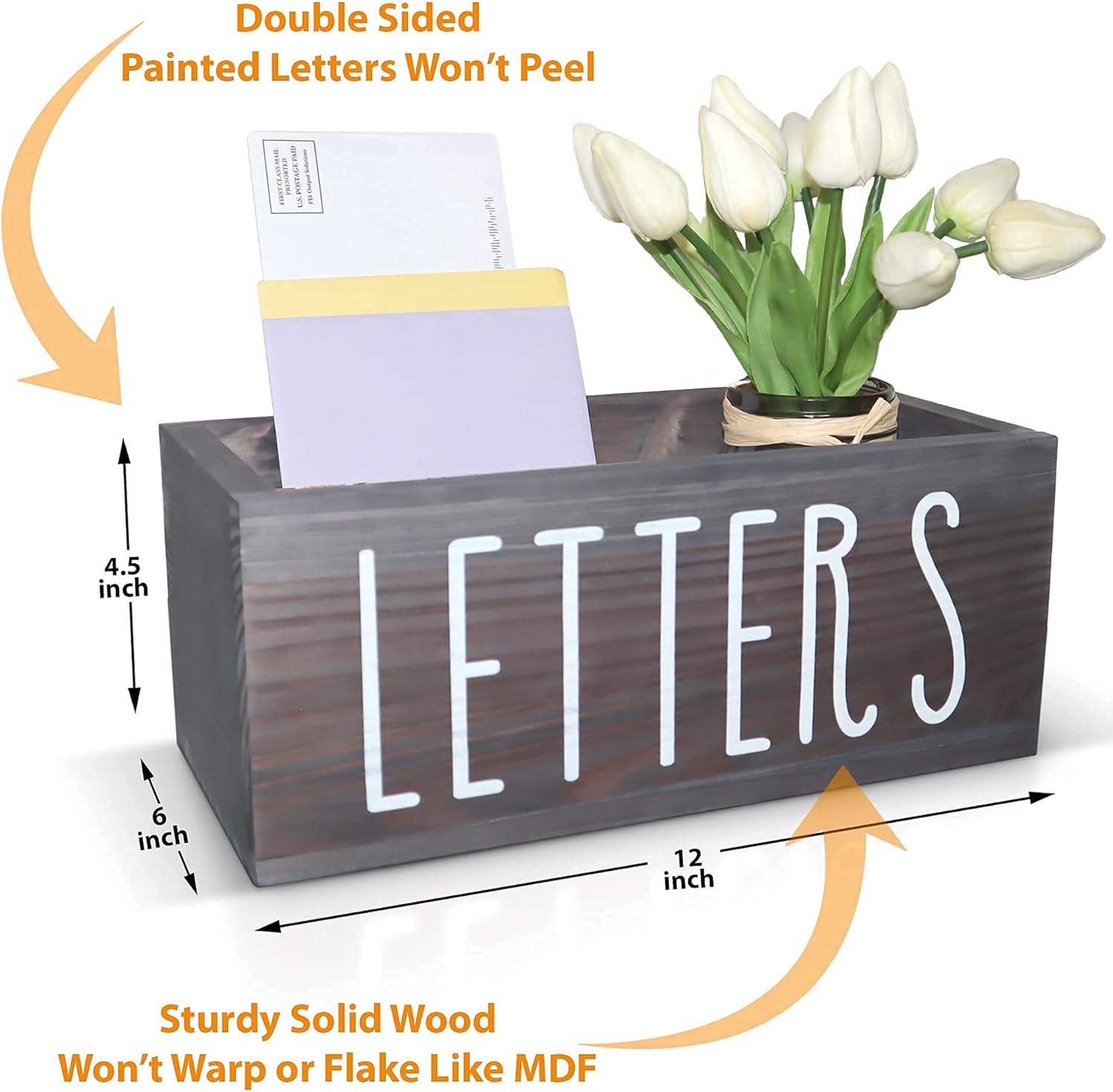 Wooden Mail Organizer Letter Holder Box - Rustic Mail Holder for Countertop, Bill Coupon Envelope Storage Mail Basket for Home Office Decor, Farmhouse Desk Organizer Mail Sorter (Grey) : Office Products