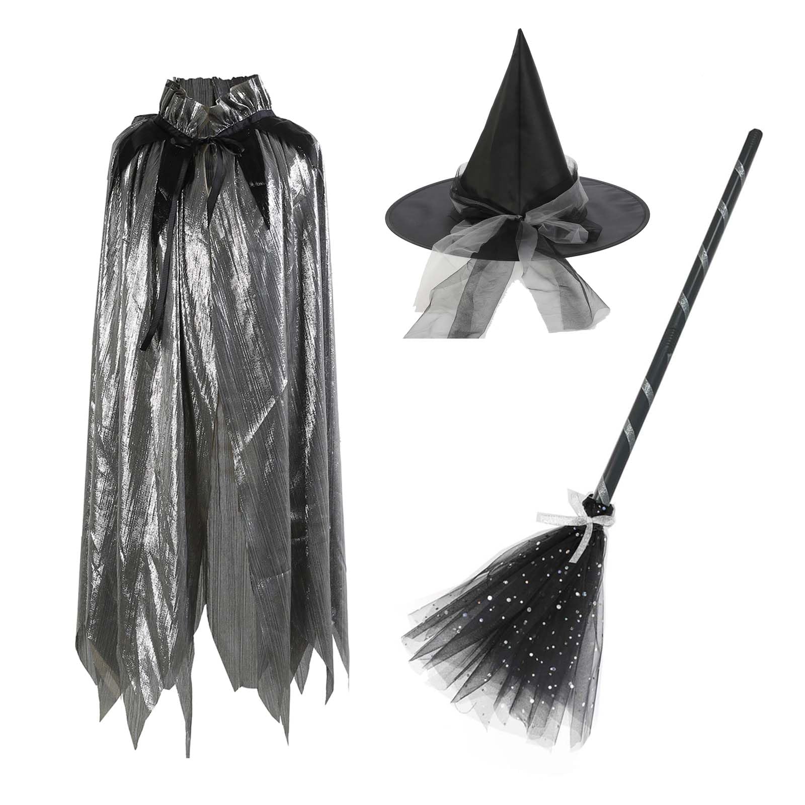 Golden Apple Halloween Witch Cape Witch Costume Set 120cm Cloak with Witch Hat and Magic Broom for Party Cosplay (Silver)