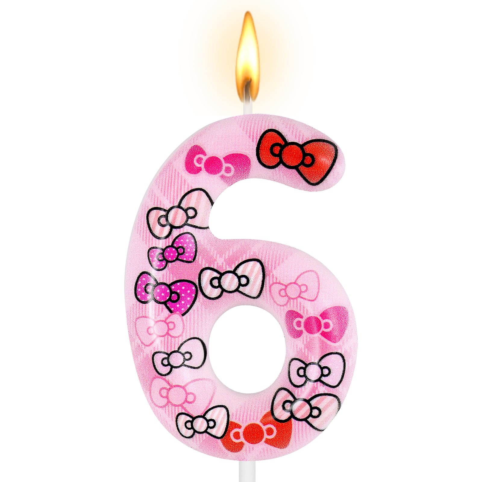 Number 6 Cute Cat Pink Bow Birthday Cake Candle Pink Cartoon Numeral Cake Topper for Kids Birthday Party Decoration Themed Celebrations Supply