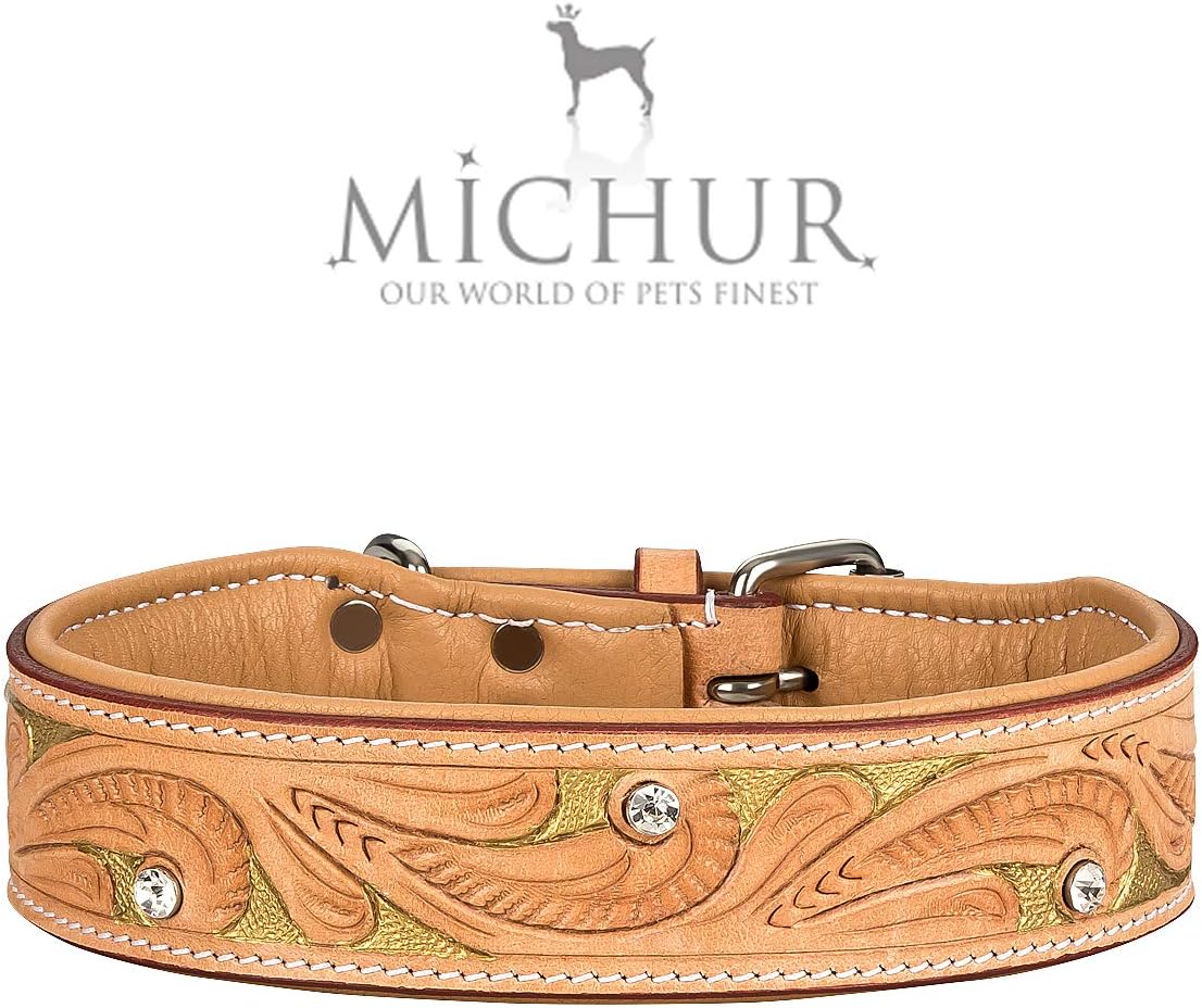 MICHUR GOLDENEYE,dog collar, leather collar, beige leather with golden press cuts and white rinestones - GERMAN BRANDNAME QUALITY!!! neck size: 22-24.8" (56-63cm), Total Length: 27.5" (70cm)