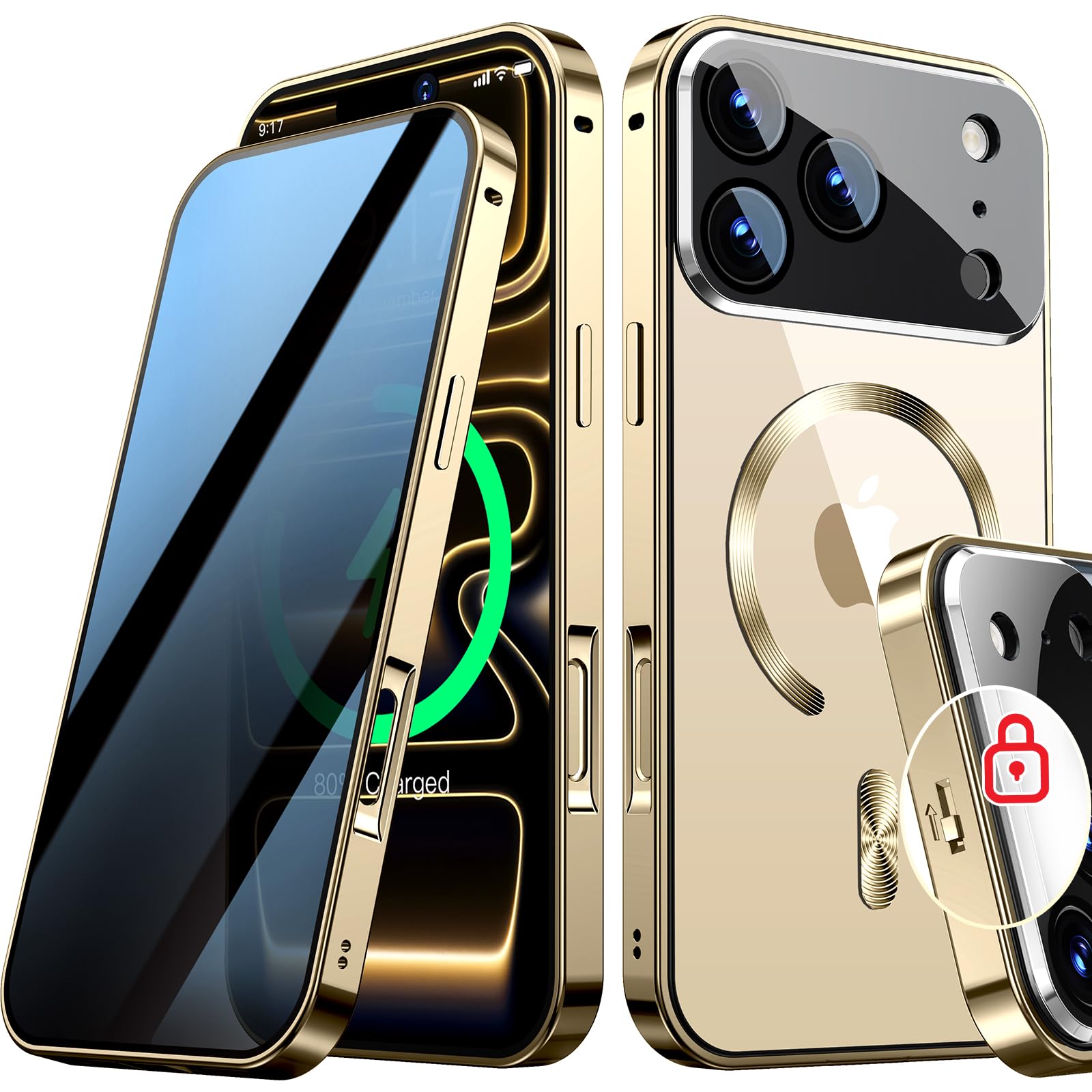 Photo 1 of [Full Camera Protection& Mechanical Lock]Magnetic Privacy Case for iPhone 17 Pro Max[Compatible with MagSafe] [CD Metal Ring]Full Body Shockproof Metal Bumper, 9H Anti Peeping Glass Cover-Gold