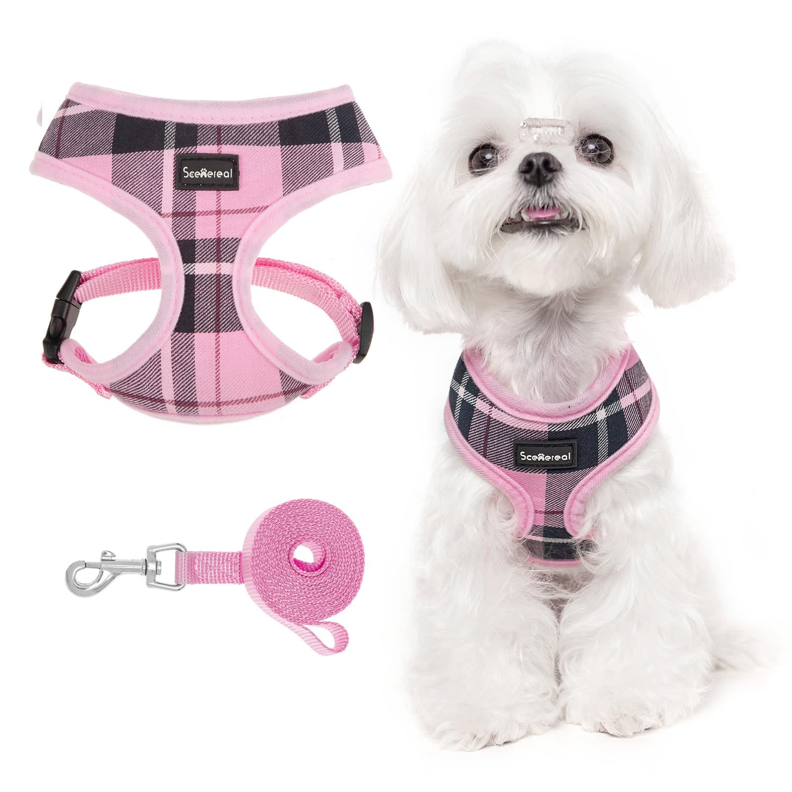 SCENEREAL Puppy Dog Harness with Leash Set for Small Medium Sized Dogs, Soft Mesh Step in Pet Harnesses and Leash, No Chock Plaid Adjustible No Pull Vest for Dogs Cats, Chihuahua,Bulldog