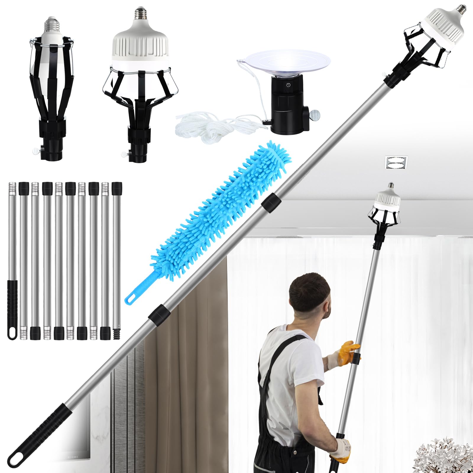 Photo 1 of Dualshine 13FT Light Bulb Changer for High Ceilings, Light Bulb Pole Changer with Basket and Suction Cup, Light Bulb Changer with Cleaner, for High Ceilings and Embedded Lights