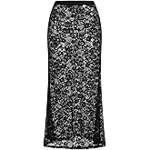 SHENHE Women's Lace See Through High Waist Skirt Sexy Sheer Flare Maxi Skirt Cover Up