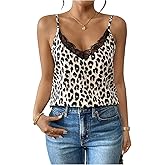 SweatyRocks Women's V Neck Sleeveless Spaghetti Straps Camisole Leopard Print Lace Trim Tank Top