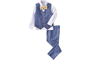 GETTHEBEAUTY-STYLE Boys Suit Plaid Stripes Suits for Boys 4 Piece Formal Wedding Outfit Slim Fit Suit Vest Pants Shirt Set with Bow Tie