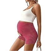 MakeMeChic Women's Maternity Shorts Striped Elastic High Waist Knit Skinny Pregnancy Shorts