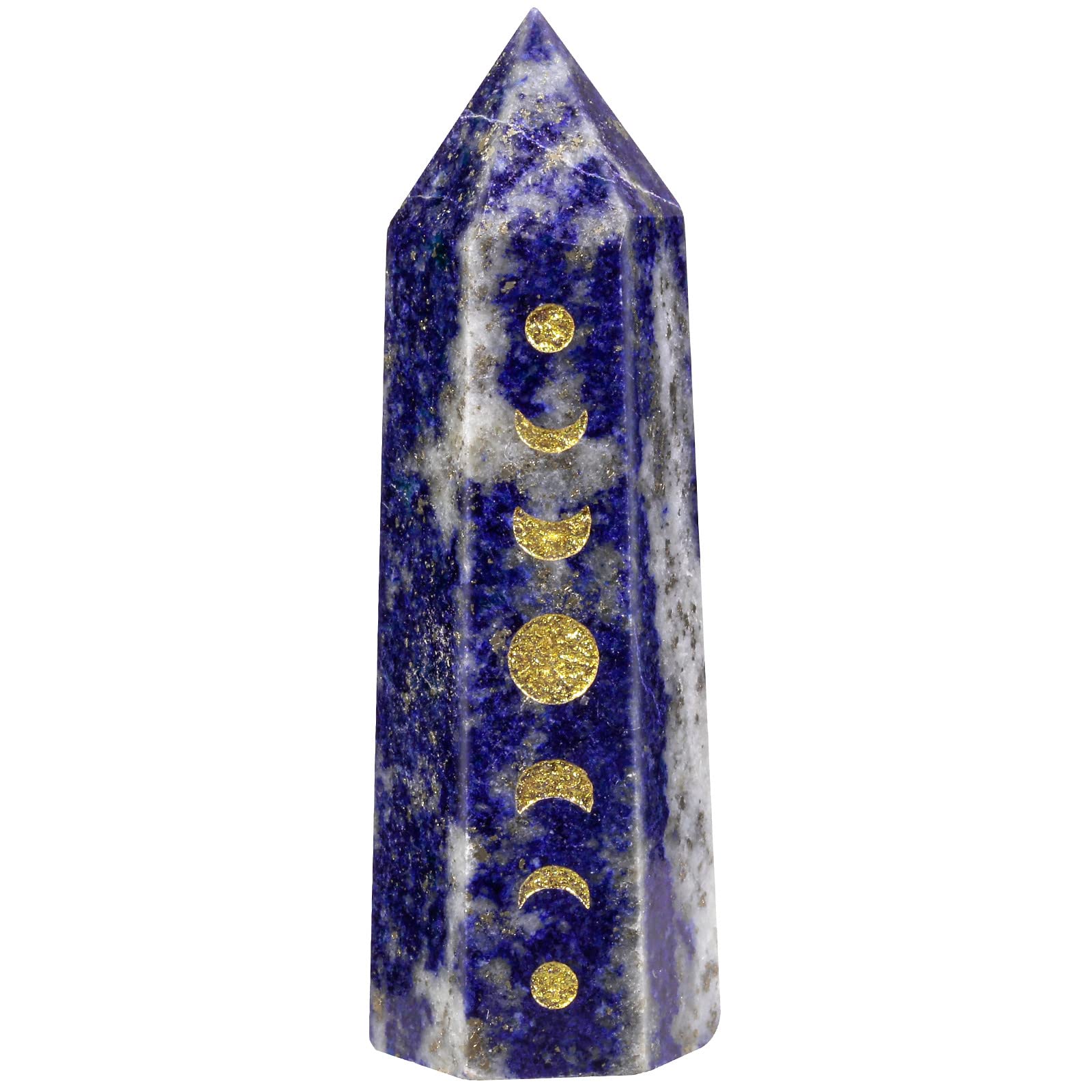 mookaitedecor 48-55mm Lapis Lazuli Crystal Moon Phase Decor Reiki Symbol Crystal Wand, Hexagonal Blue Healing Crystal Point Wand Pocket Stone for Meditation Small Witch Ornament Gift Witchcraft Decor