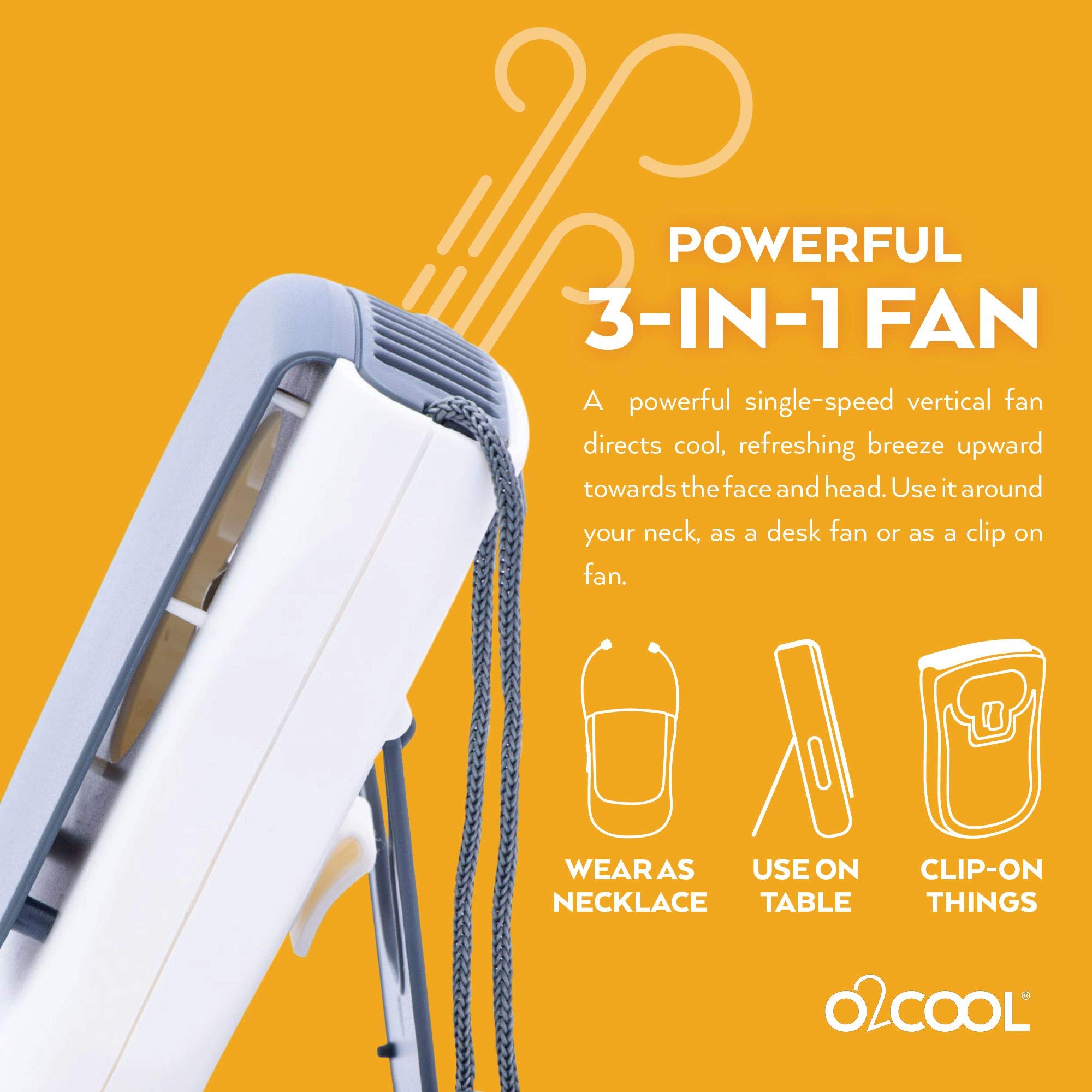 O2COOL Deluxe Necklace Fan | Battery Powered, Hands-Free Personal Cooling Fan w/Adjustable Lanyard, Table Top Stand + Wearable Clip - Gray (2 Pack)