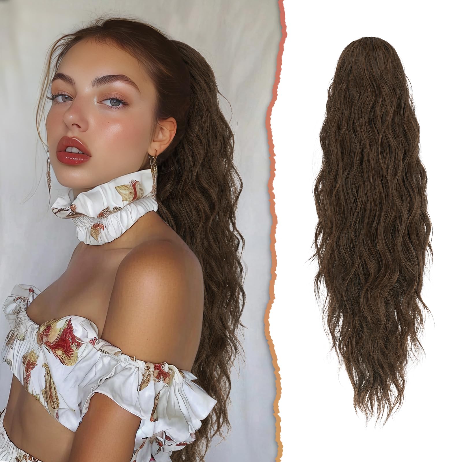 Sofeiyan Curly Ponytail Extension, 26 inch Long Wave Drawstring Brown Hair Ponytail Extension Synthetic Pony Tail Hairpiece for Women, Brown & Auburn