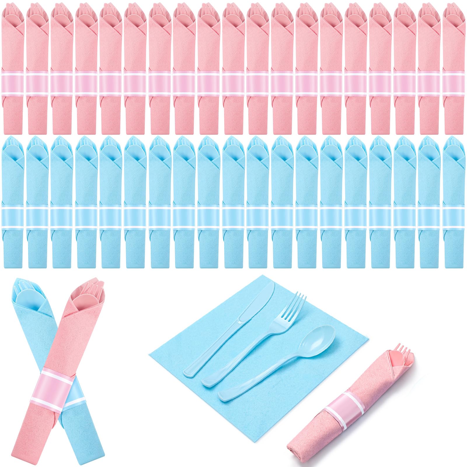 Photo 1 of Lasnten 200 Pcs Pre-rolled Light Pink and Blue Plastic Silverware Set for 50 Guest Baby Gender Reveal Party Supplies Include Napkins Knives Spoons and Forks for Baby Shower (Light Pink and Blue)