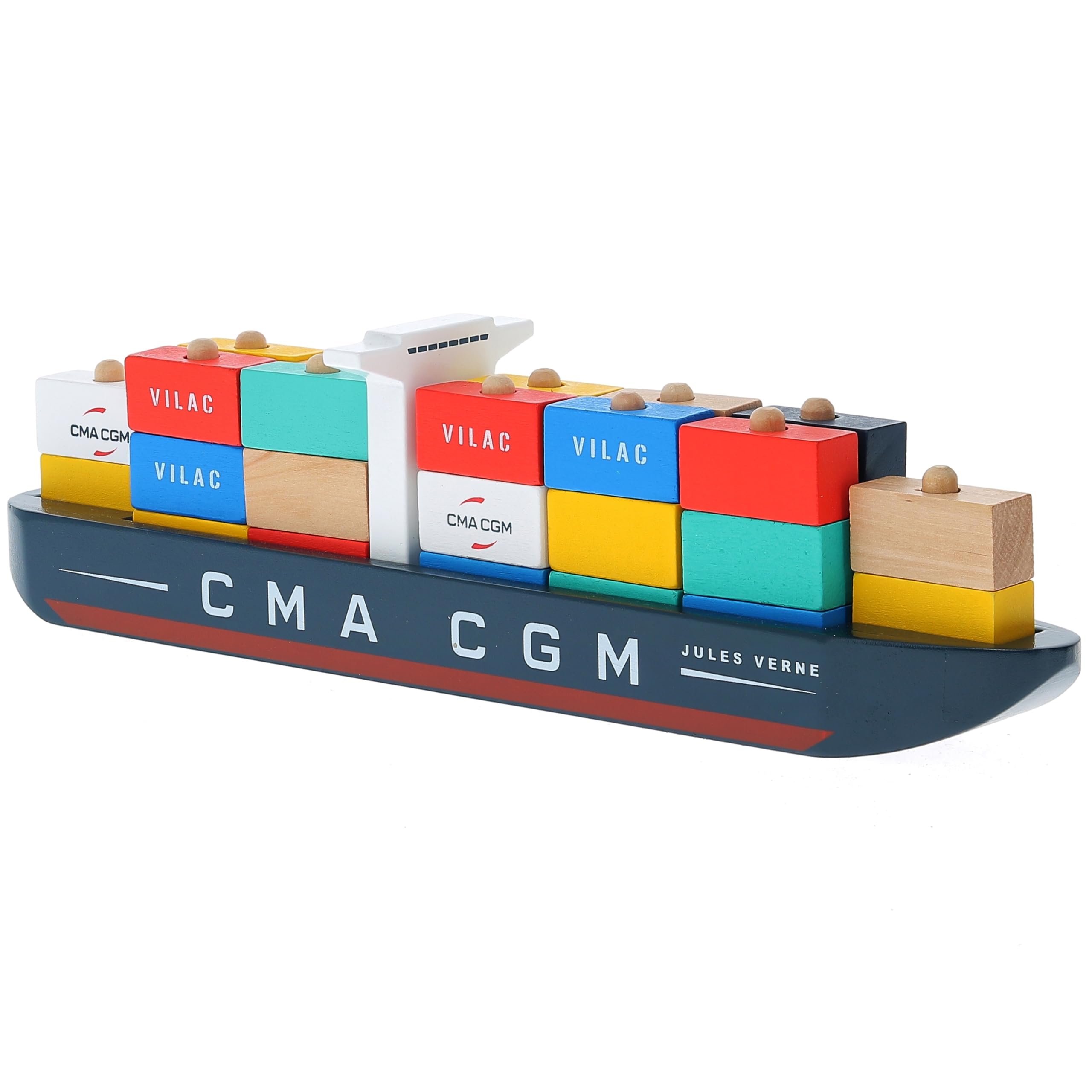 Vilac Wooden Jules Verne Container Ship, Traditional Stacking Container Ship, Imaginative Play, 40 x 10 x 6.5 cm, for 3 Years+
