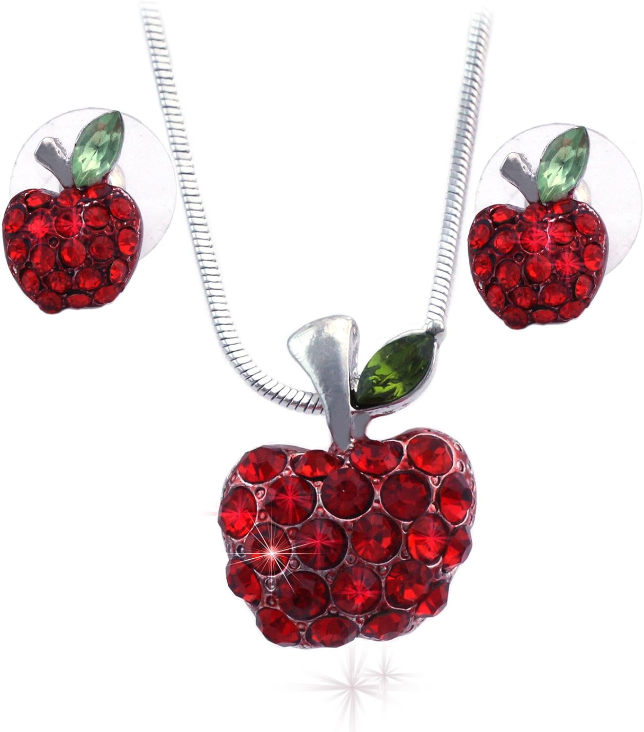 Small Red Apple Pendant Necklace Stud Earrings Jewelry Set