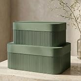 Decorative Storage Boxes with Lids - Set of 2 Fluted Photo Organizer Bins | Beautiful Home Bookshelf Decor to Safely Store Documents, Memory Box Items and Other Keepsakes in Style