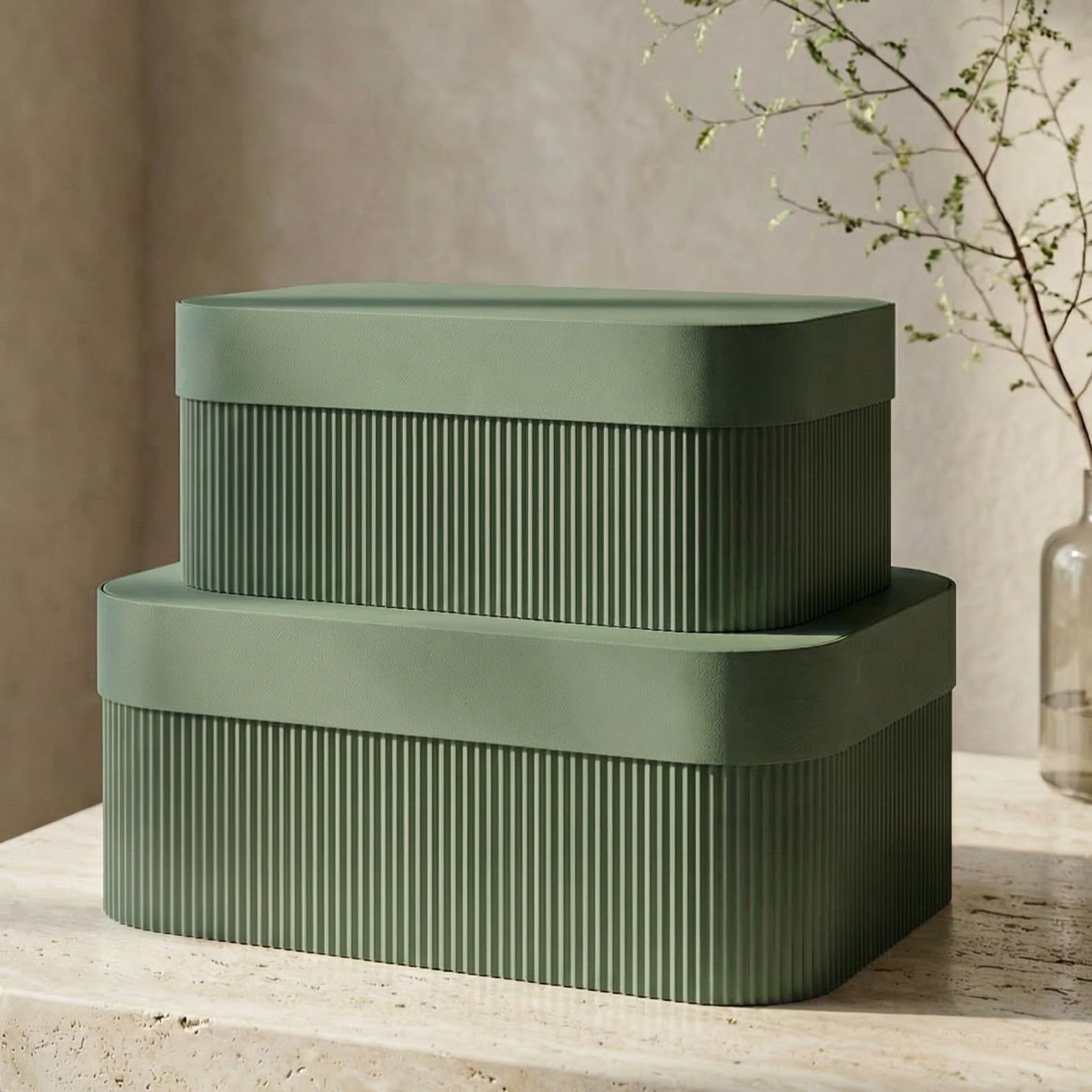Photo 1 of Decorative Storage Boxes with Lids – Set of 2 Beautiful Fluted Cardboard Organizer Bins for Your Home Bookshelf Decor to Safely Store Your Documents, Memory Box Items and Other Keepsakes in Style