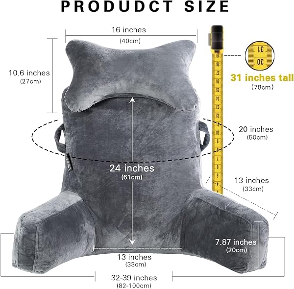 SLIGUY READING PILLOW EXTRA LARGE 31″ BED REST PILLOW WITH DETACHABLE NECK ROLL FOR SITTING IN BED OR COUCH ADULT BACK PILLOW FOR WATCHING TV/GAMING/RELAXING