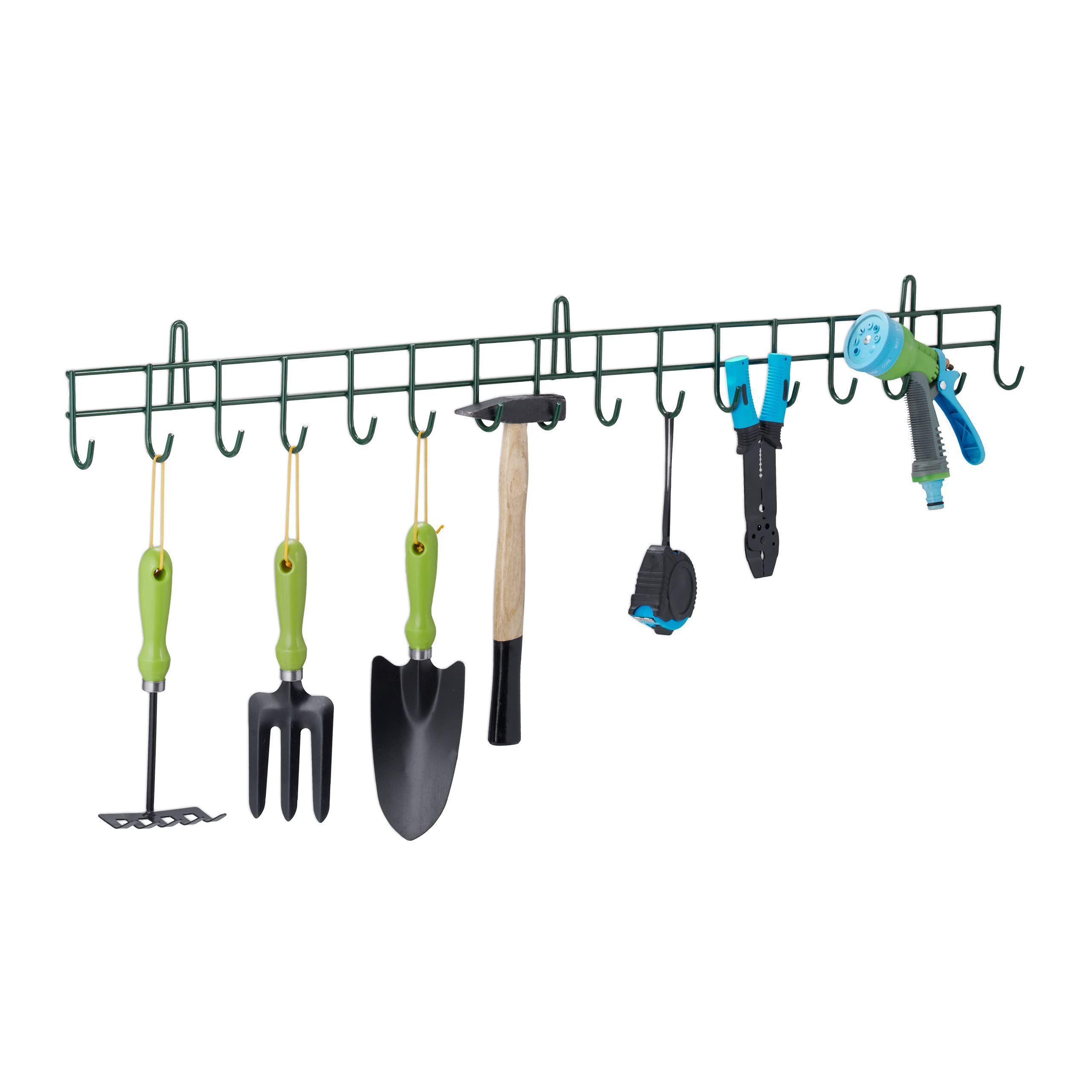 Relaxdays Appliance Holder, Garden Tools, Garage, Wall Mounted, 16 Hooks, Basement, HxWxD: 12x100x5 cm, Load 80kg, Green, Steel, 12 x 100 x 5 cm