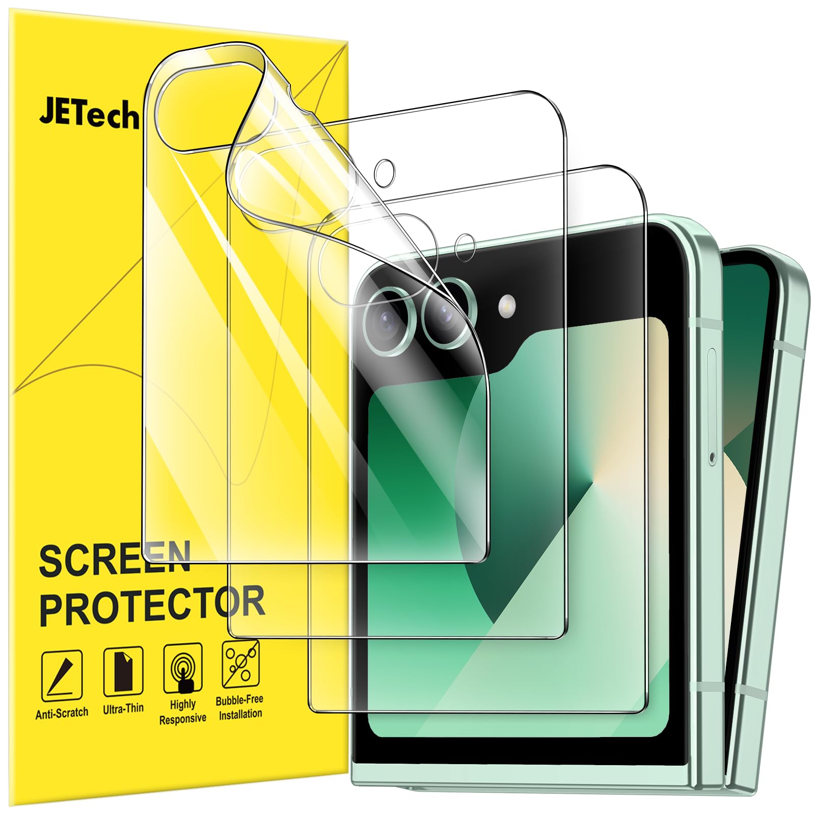 Photo 1 of JETech Front Screen Protector for Galaxy Z Flip 7 FE 2025 / Z Flip 6 2024, Full Coverage PET Film, Case Friendly, HD Clear, 3-Pack