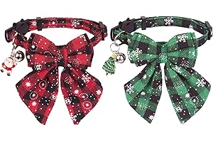 PTDECOR 2 Pack Christmas Cat Collars, Plaid Christmas Cat Collar with Removable Bowtie Bell, Christmas Kitten Collar Breakaway, Plaid Snowflake Bow Christmas Collars for Cats Kittens (Christmas Bow)