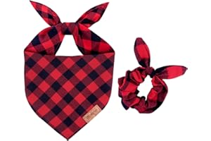 MIUCAT Christmas Dog Bandana & Matching Scrunchie Set – Classic Red Black Plaid Scarf Kerchief for Small, Medium, and Large Dogs Coordinating Puppy and Cats Accessories for Holidays, Photos, Gifts (Large)