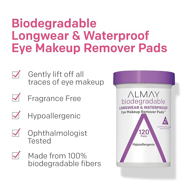ALMAY BIODEGRADABLE MAKEUP REMOVER PADS, LONGWEAR & WATERPROOF, HYPOALLERGENIC, FRAGRANCE-FREE, DERMATOLOGIST & OPHTHALMOLOGIST TESTED, 120 COUNT