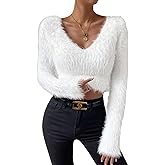 Fuzzy Sweater for Women Long Sleeve V Neck Crop Sweater Cute Plain Fitted Warm Crop Tops Knitwear Sweater Short Tops