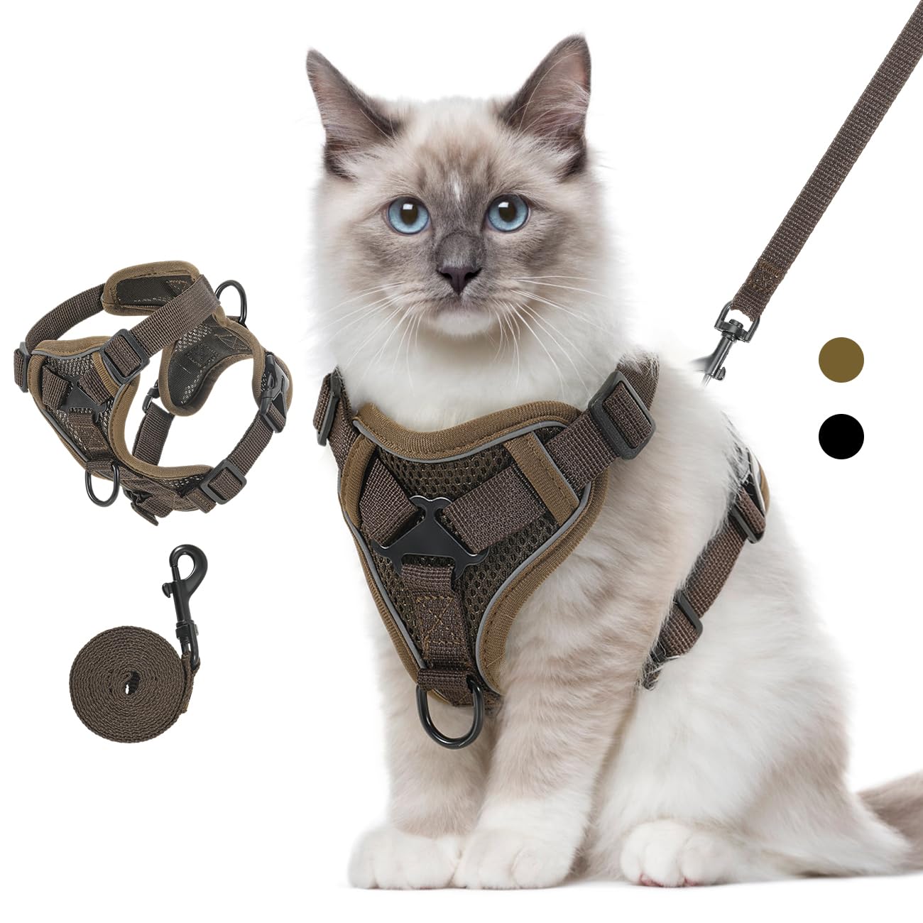 VavoPaw Cat Harness and Leash Set for Walking, Adjustable Kitten Vest Harness with Reflective Strip Breathable Mesh, Escape Proof Soft Pet Safety Vest for Cats, Kittens, Puppies, M Coffee — image 1