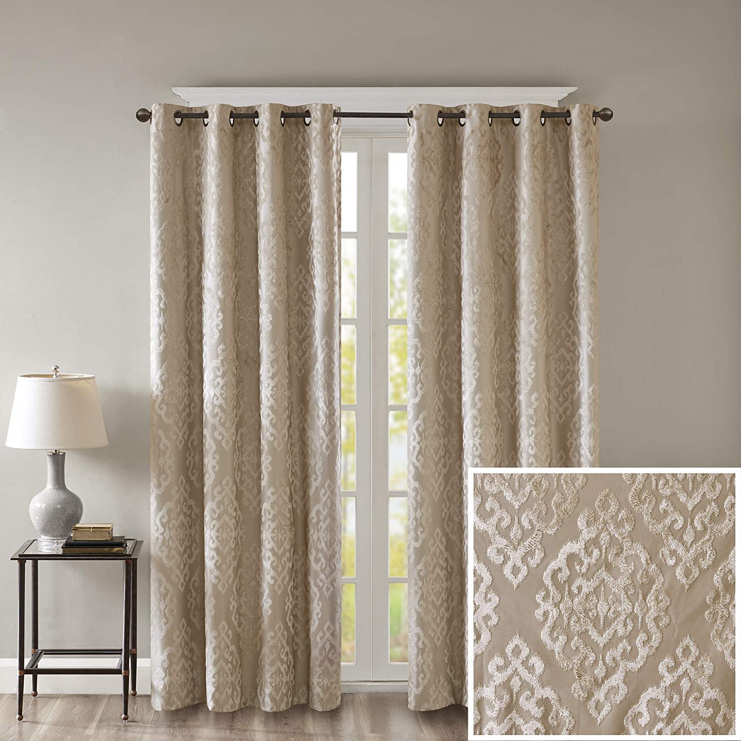 Photo 1 of Sun Smart Mirage 100% Total Blackout Single Window Curtain, Knitted Jacquard Damask Room Darkening Curtain Panel with Grommet Top 50 x 84 in, Champange