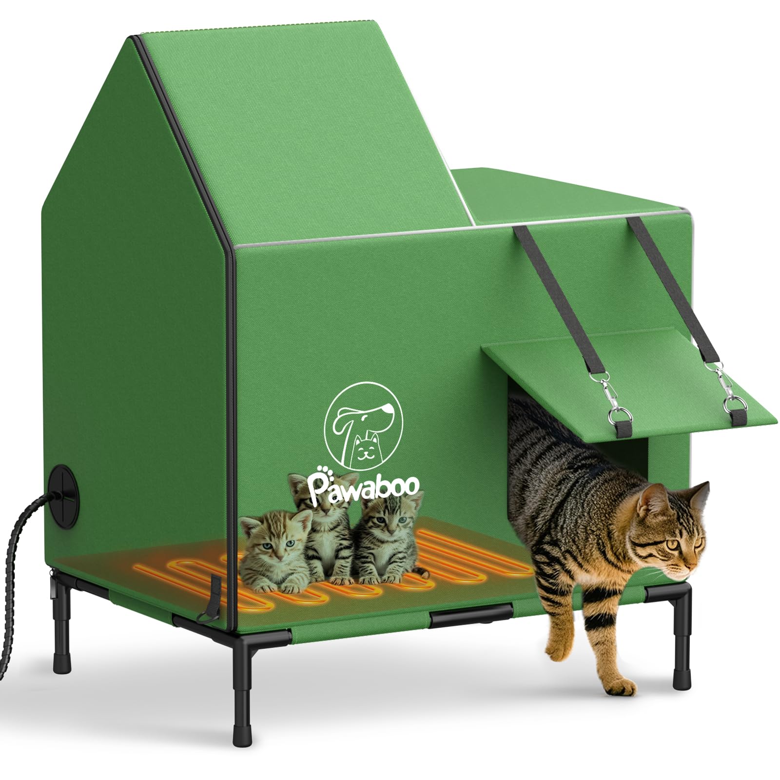 Photo 1 of Pawaboo Heated Cat House for Outdoor in Winter, Weatherproof Cats Shelter for Outside with Waterproof Awning & Elevated Base, Insulated Outdoor Cats House with Heater for Feral Barn Cat