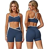 PQBPQB Women 2 Piece Workout Set Cami Straps Padded Colorblock X Back Sports Bra V High Waist Tummy Control Shorts Gym Outfit