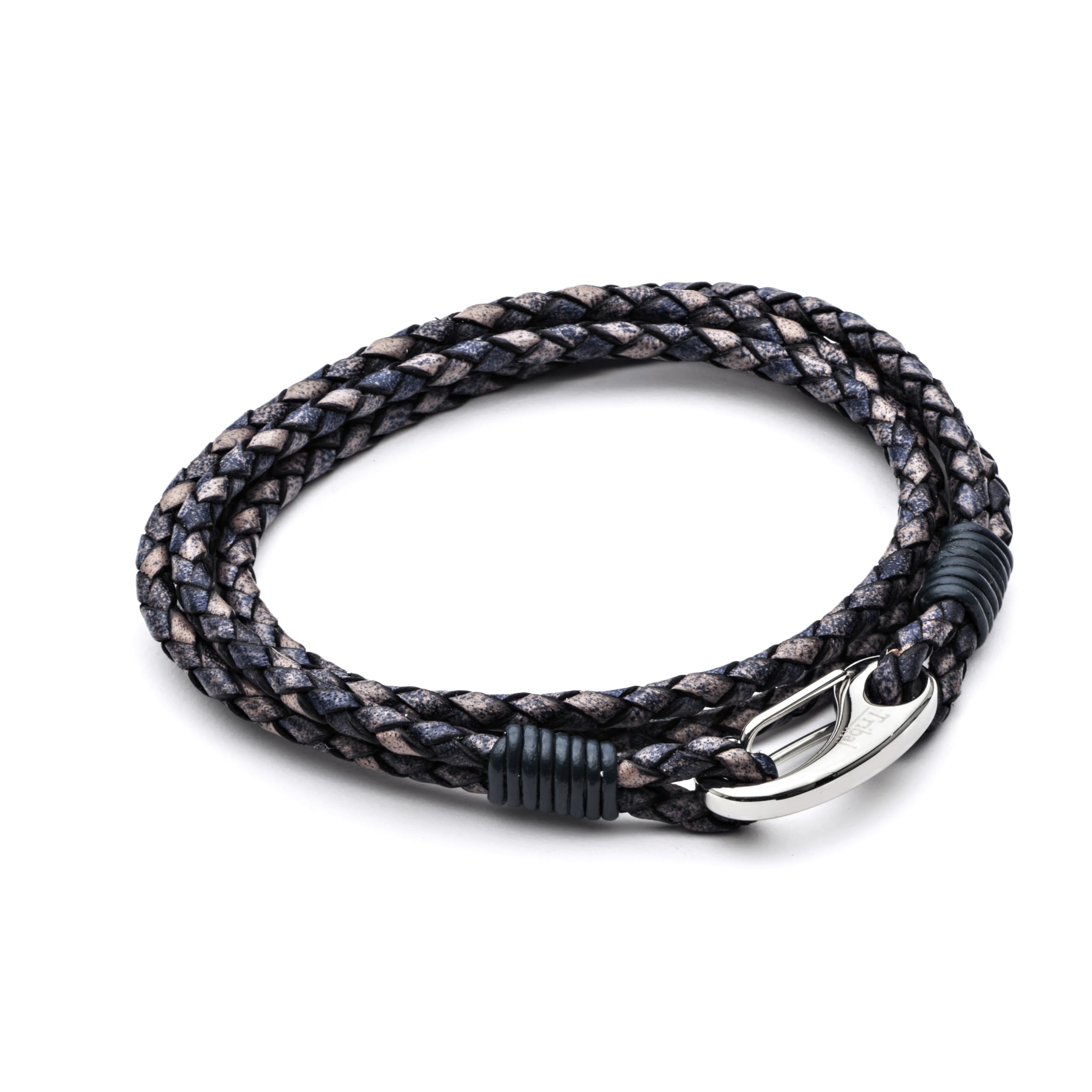 Men's Leather Bracelet, Denim Braided Double Wrap, Stainless Steel Shrimp Clasp, 21cm Standard Size For Men by Tribal Steel