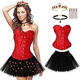 Shyyween 5 Pcs Halloween Queen Costume Set Red Corset Tops Tutu Skirt Gem Crown Heart Sticker Choker Necklace for Cosplay