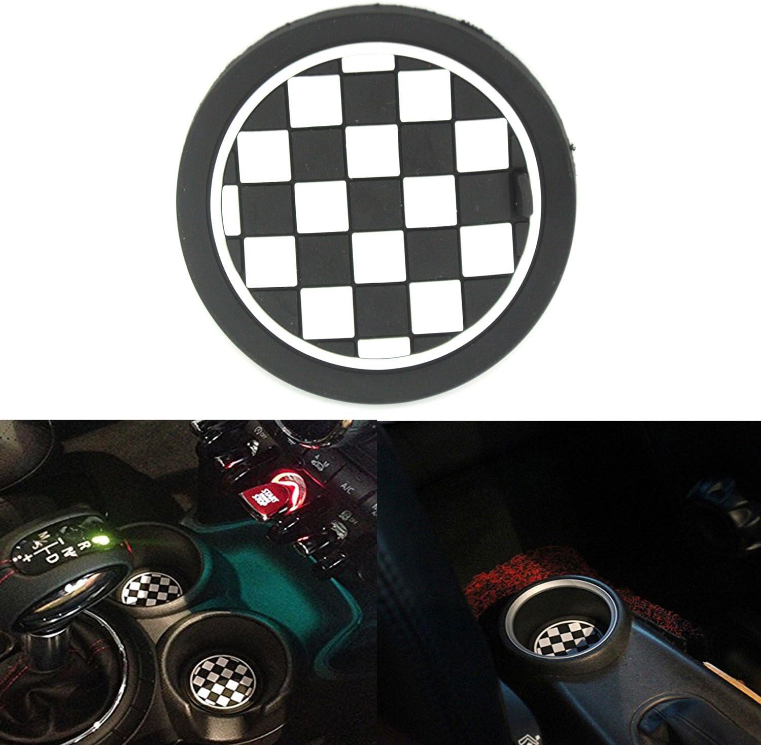 ASUMAN 2PCS 73mm Black/White Checkered Checkerboard Pattern Anti Slip Soft Silicone Cup Holder Car Coasters Cup Mat For MINI Cooper R55 R56 R57 R58 R59 Front Cup Holders