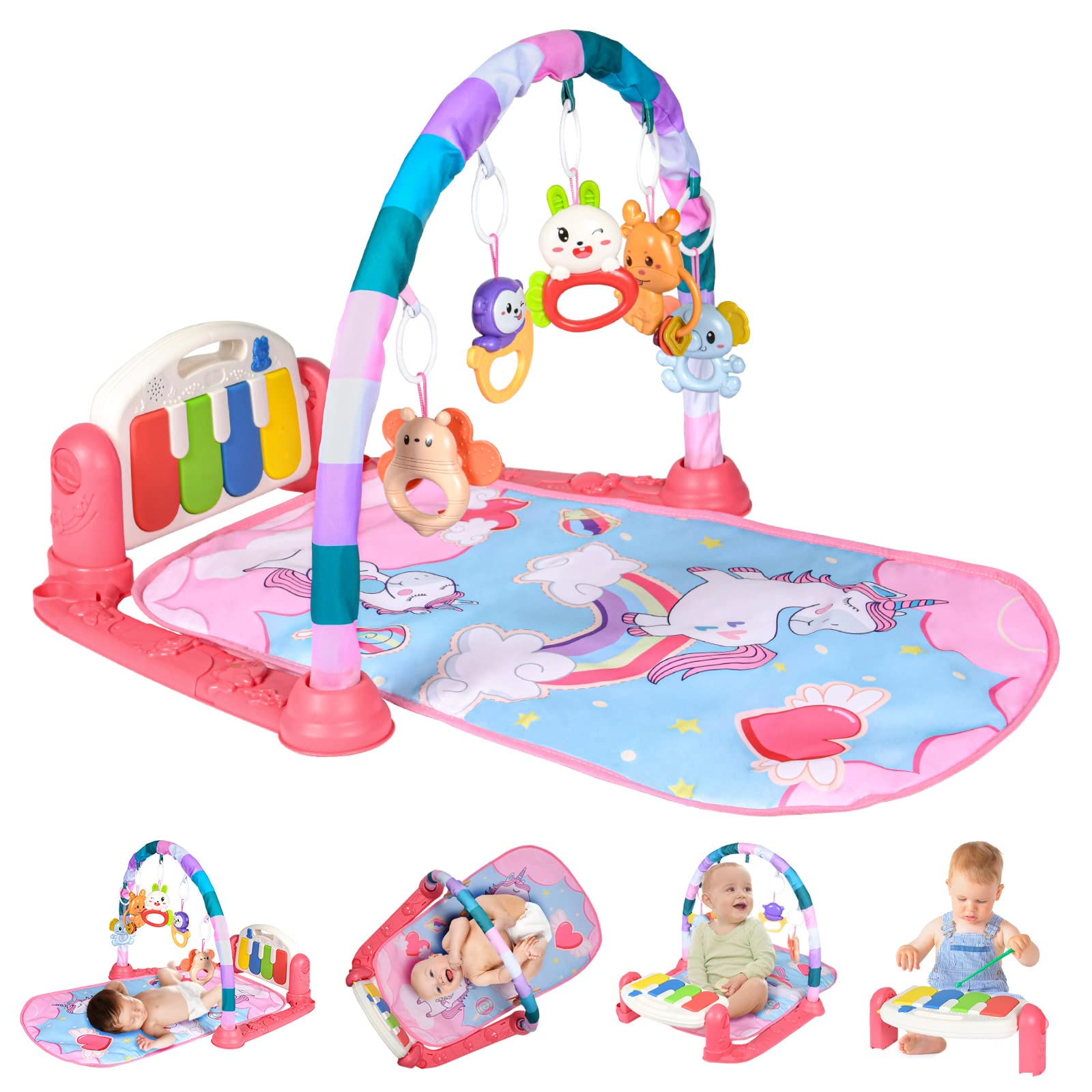 AOMIG Baby Play Mat, Baby Piano Gym with Music and Lights, Play Mat with Detachable Activity Toys, Early Development Activity Baby Play Mat Toy Gift for Babies (Unicorn)