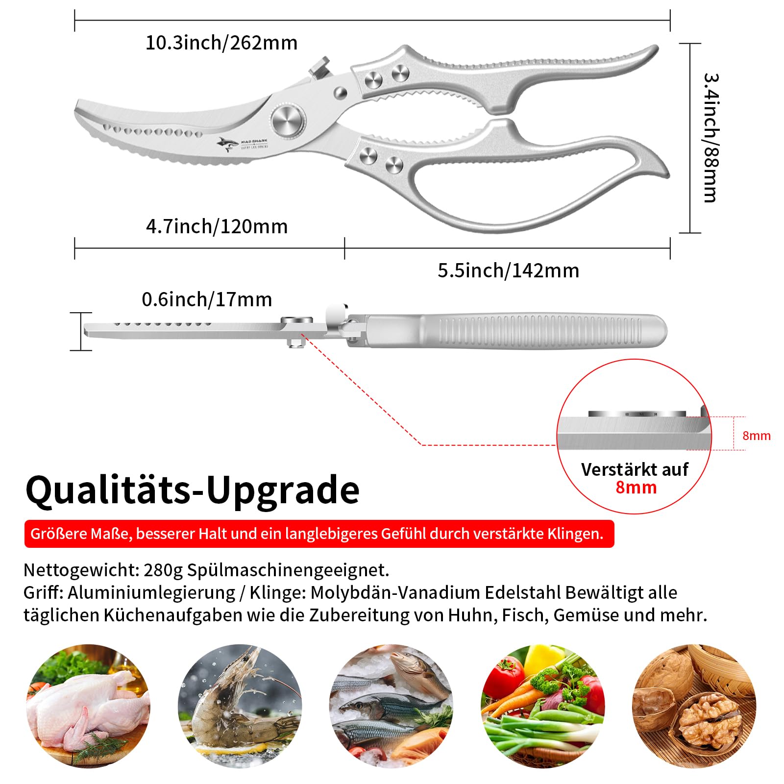 MAD SHARK Geflügelschere Profi-Küchenschere mit Rutschfestem Griff & Sicherheitsverriegelung | Federunterstützt, Spülmaschinengeeignet | Für Hühnerknochen, Fleisch, Truthahn, Fisch, Gemüse (Silber) 2