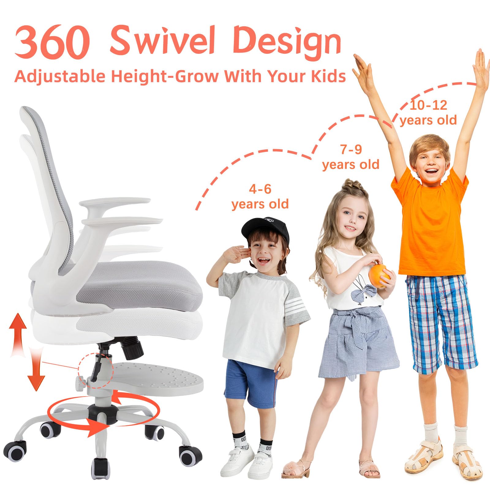 SOLLATI Kids Desk Chair Ergonomic Study Chair Swivel Mesh Desk Chair with Adjustable Arm Height Footrest Wheel Computer Home Office Chair for Children Boys Girls Students Bedroom School Age 5-13 Blue