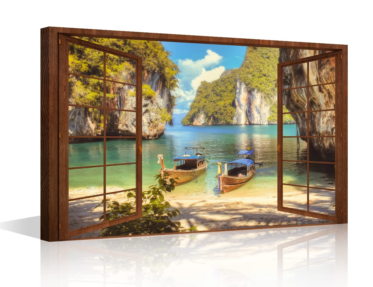 TISHIRON Window View Effect Canvas Wall Art Modern 3D Window of Andaman Sea Painting Framed Print Ready to Hang for Living Room Bedroom Bathroom Home Wall Decor 12x18inch — image 1