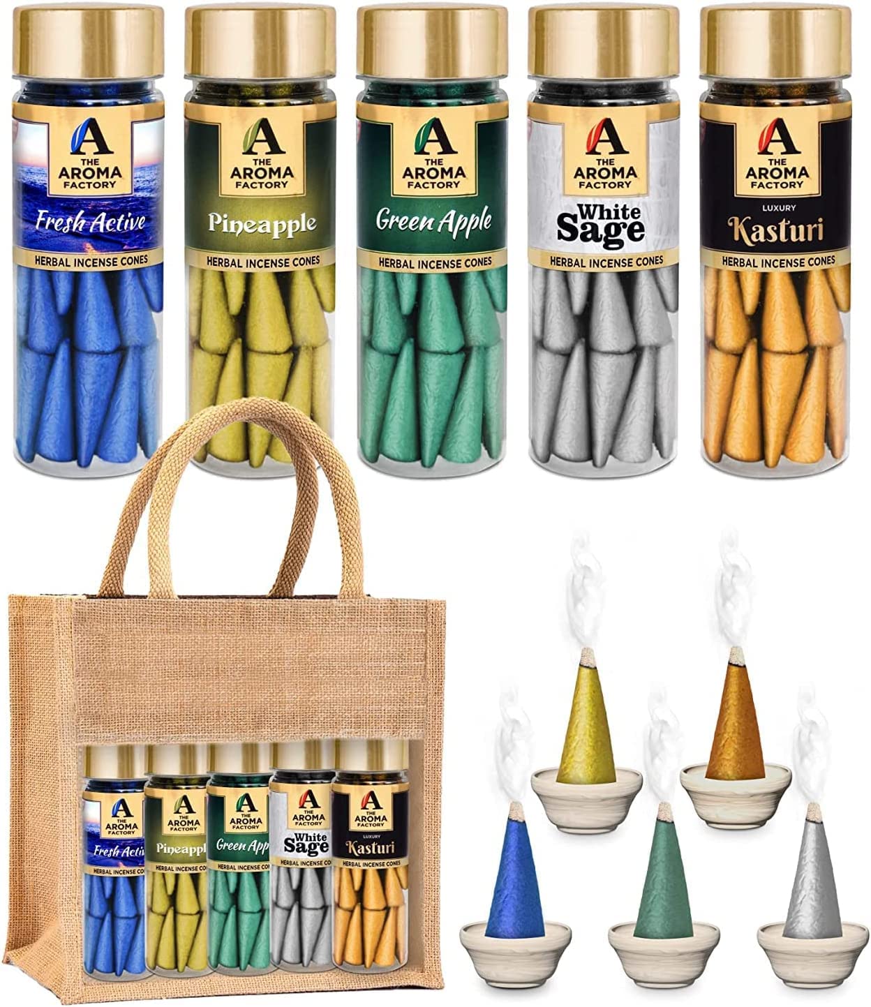 The Aroma Factory Organic Incense Cones No Charcoal | No Bamboo | Non Toxic | Assorted Herbal Dhoop, 5x30 Cones Jute Gift Set with Holder (Fruit Fusion)
