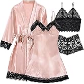 Hellomamma Women's Silk Pajama Set: 4-Piece Satin Robe Lingerie Sexy Sleepwear Lounge Set for Brida Wife Girlfriend