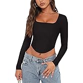 REORIA Womens Trendy Sexy Square Neck Long Sleeve Backless Y2K Going Out Boned Bustier Corset Crop Tops