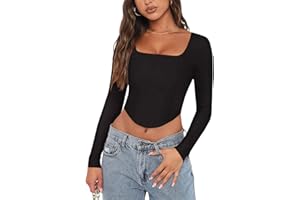 REORIA Womens Trendy Sexy Square Neck Long Sleeve Backless Y2K Going Out Boned Bustier Corset Crop Tops