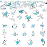 Craftdady 30pcs Ocean Animals Bracelet Charms Dolphin Waves Turtle Dangle Earring Charms Blue Alloy Rhinestone Enamel Metal Pendants 13-32 mm for DIY Craft Necklace Jewelry Making