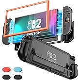 ewnol Dockable Case for Nintendo Switch 2, Protective Switch 2 Grip Case Supports Stand Use, Ergonomic Grip Cover with 2 Screen Protector & 4 Thumb Caps